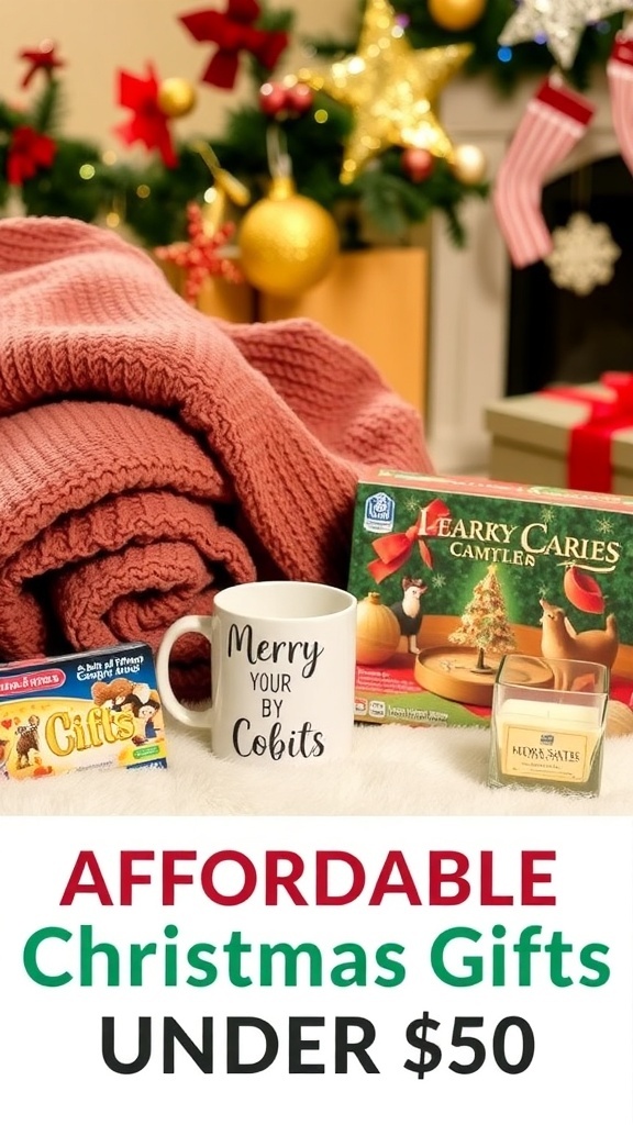 A collection of Christmas gifts under $50, featuring a blanket, mug, board game, and candle, with holiday decorations.